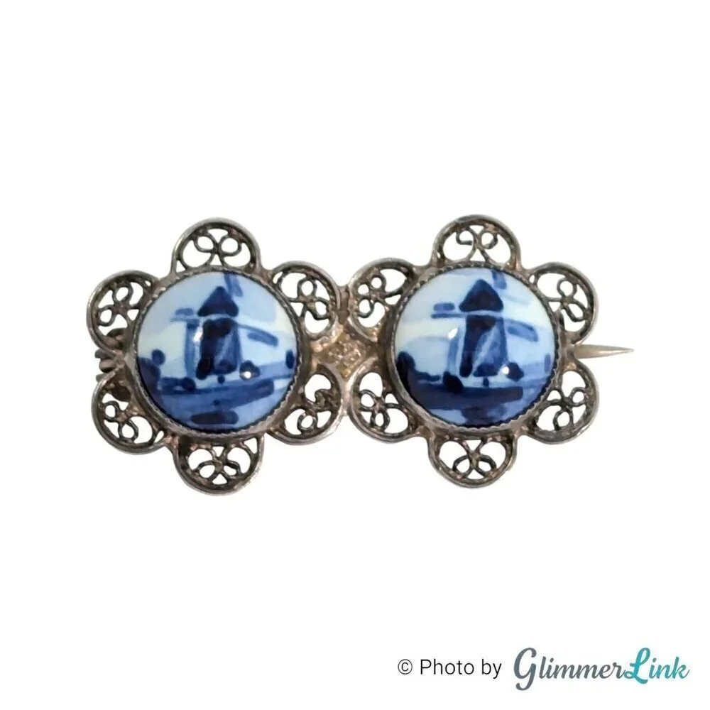 VTG Double Blue Windmill Delft Porcelain Filigree Flower Sterling Silver Brooch